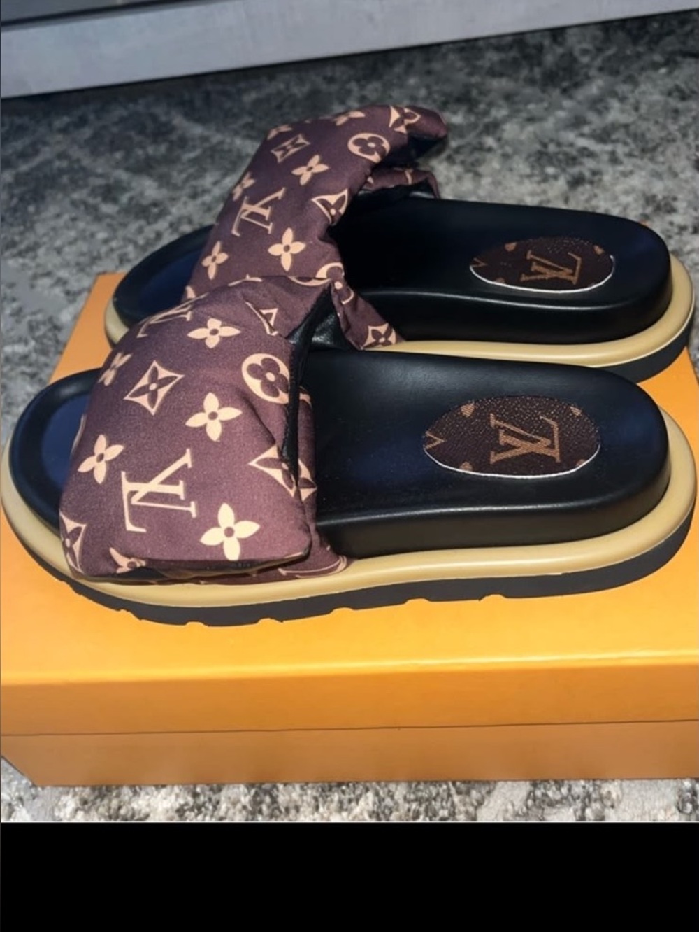 Cute fashion source unknown Monogram Bow Slide Sandals in Brown & Black